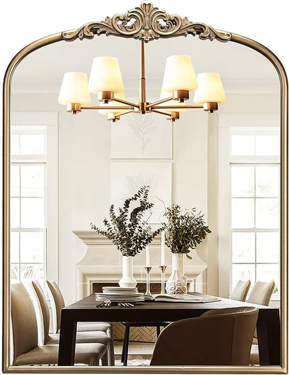Arched Antique Gold Wall Mirror, 28"x36" Vintage Bathroom Mirror | Ornate Mirror over Sink, Arched Brass Wall Mirror for Fireplace, Living Room, Entryway, Bedroom, Hanging or Leaning