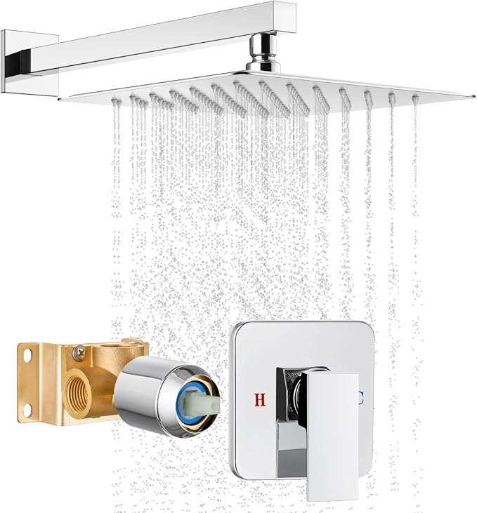 Polished Chrome Shower Faucet Set, 10 Inch Rain Shower System with Valve | Complete Rain Shower Set with Valve, Single Handle Wall Mount Design