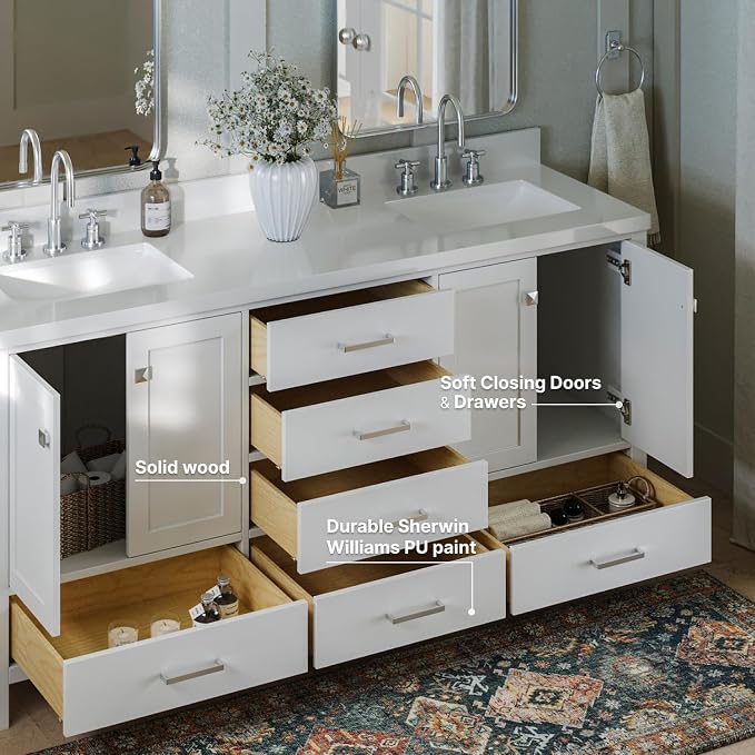 ARIEL Cambridge 72-inch Bathroom Vanity with Sink,Solid Wood, 1.5-inch Pure White Quartz Countertop & Backsplash, Double Rectangular Porcelain Sink, 4 Soft Closing Doors, 6 Dovetail Drawers, White