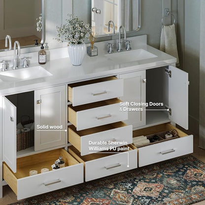 ARIEL Cambridge 72-inch Bathroom Vanity with Sink,Solid Wood, 1.5-inch Pure White Quartz Countertop & Backsplash, Double Rectangular Porcelain Sink, 4 Soft Closing Doors, 6 Dovetail Drawers, White