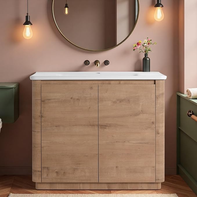 40" Bathroom Vanity with Ceramic Sink, Freestanding Bathroom Vanity with 2-Soft-Close Door, Soft-Closing Hinges & Hidden Handles for Home, Farmhouse, Easy to Clean Design, Imitative Oak