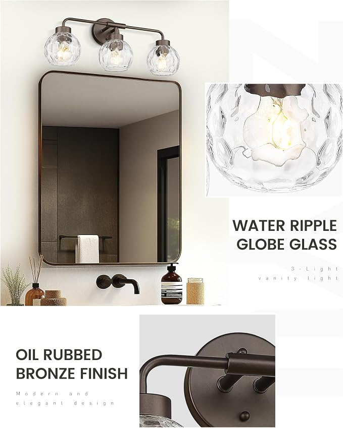 zeyu 3-Light Farmhouse Vanity Light, 23 inch Bathroom Light Fixtures with Water Ripple Globe Glass, Oil Rubbed Bronze Finish, ZS62BG-3W ORB-WG