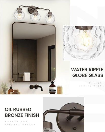 zeyu 3-Light Farmhouse Vanity Light, 23 inch Bathroom Light Fixtures with Water Ripple Globe Glass, Oil Rubbed Bronze Finish, ZS62BG-3W ORB-WG