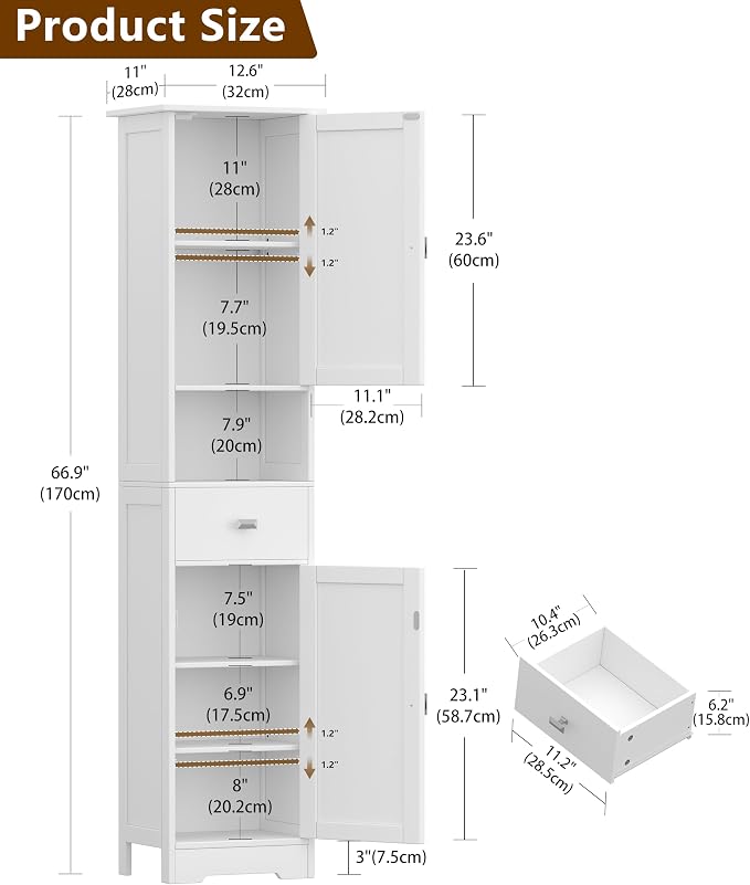 Akxomel 67" H Narrow Tall Bathroom Cabinet with 2 Doors and Storage Drawer | Floor Cabinet with Adjustable Shelves, Anti-Tip Design, 11.0 x 12.6 x 66.9 Inches, for Bathroom, Kitchen，Entryway, White