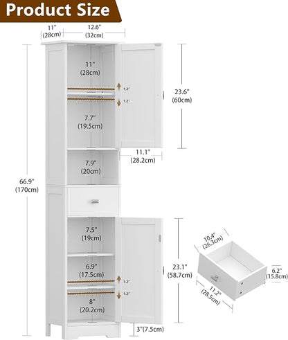 Akxomel 67" H Narrow Tall Bathroom Cabinet with 2 Doors and Storage Drawer | Floor Cabinet with Adjustable Shelves, Anti-Tip Design, 11.0 x 12.6 x 66.9 Inches, for Bathroom, Kitchen，Entryway, White