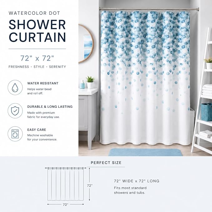 Blue Teal Fabric Shower Curtain Cascading Water Splash Design for Bathroom | Modern Elegant Boho Bath Decor 72x72, Mineral Aqua Turquoise & White Bubble Pattern, Washable & Durable