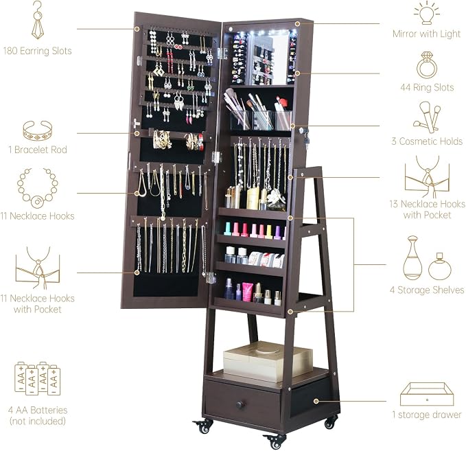 Jewelry Armoire Organizer 62 Inch Full Length Mirror with Standing Mirror Jewelry Cabinet Lockable Jewelry Storage Cabinet With Drawer Wheels Brown