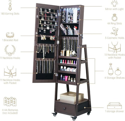 Jewelry Armoire Organizer 62 Inch Full Length Mirror with Standing Mirror Jewelry Cabinet Lockable Jewelry Storage Cabinet With Drawer Wheels Brown