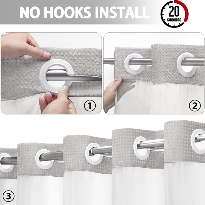 No Hook Shower Curtain with Liner Set Hotel Waffle Light Grey 78W X 75L | Washable Snap in Fabric Liner, Mesh Top Window, Waffle Hotel Style Shower Curtain Set