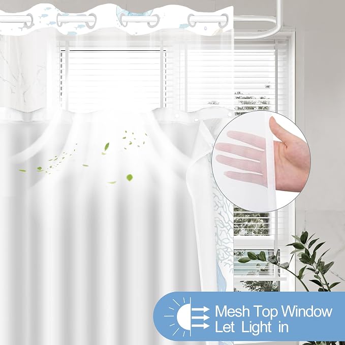 No Hook Shower Curtain and Liner Set, Watercolor Blue Beach Coastal 71x84 | Nautical Ocean for Bathroom, with Snap in Liner Replacement, Mesh Top Window, Waterproof, Machine Washable, Quick-Drying