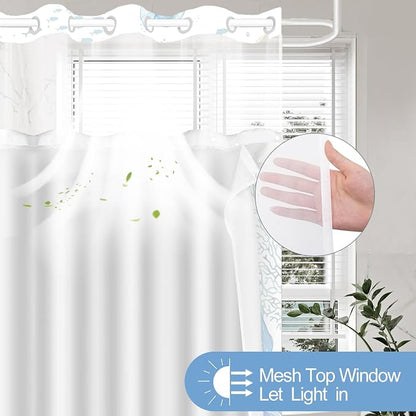 No Hook Shower Curtain and Liner Set, Watercolor Blue Beach Coastal 71x74 | Nautical Ocean for Bathroom, with Snap in Liner Replacement, Mesh Top Window, Waterproof, Machine Washable, Quick-Drying