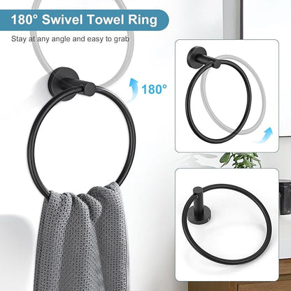TQKAG Matte Black Bathroom Hardware Accessories Set 10-Pieces, Premium SUS304 Stainless Steel Bathroom Towel Bar Holder Set 23.6 Inch Round Towel Racks for Bathroom Wall Mounted