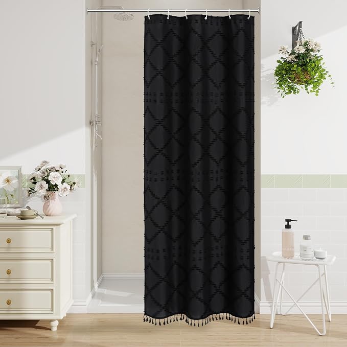 Black Boho Woven Fabric Shower Curtain with Tassel 36x72, Tufted Textured | Modern Farmhouse Curtain for Bathroom, Stall Bathroom Curtain, Minimalist Decor, Waterproof