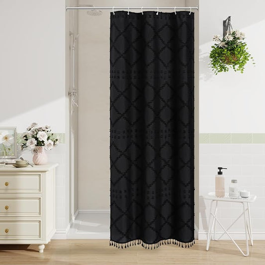 Black Boho Woven Fabric Shower Curtain with Tassel 36x72, Tufted Textured | Modern Farmhouse Curtain for Bathroom, Stall Bathroom Curtain, Minimalist Decor, Waterproof