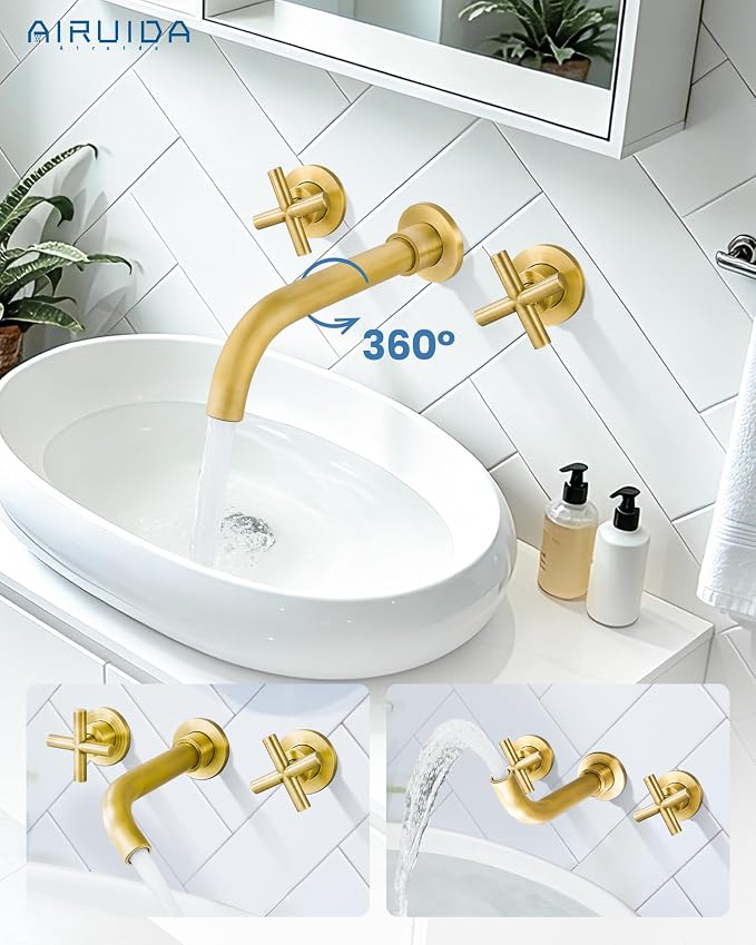 Airuida Solid Brass Antique Brass Wall Mount Bathroom Faucet | 360° Swivel Spout,Rough in Valve,2 Cross Handle,3 Hole,Widespread