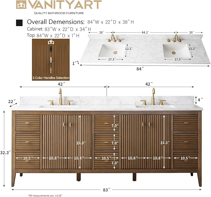 Vanity Art 84 inch Bathroom Vanity with Double Sink & Ceramic Top, Vanity Cabinet with Soft-Closing Door, Solid Wood Frame, Linear Pattern, Walnut, Golden Brushed Handware,Walnut