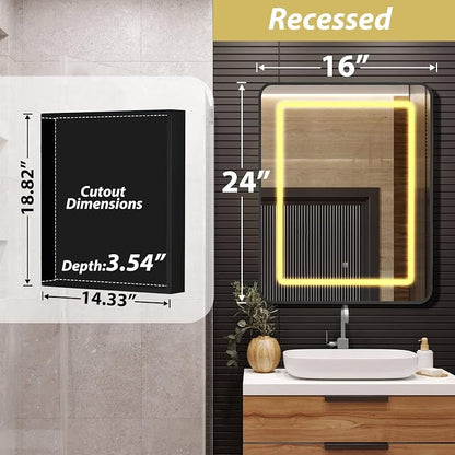 APRILSOUL 16x24 Inch Lighted Bathroom Medicine Cabinet with Mirror, Black Recessed or Surface Mount Medicine Cabinet Mirror with Storage and LED Lights, 3 Colors Temperature, Dimmable Light