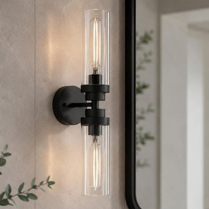 Emak 2 Light Black Vanity Lights for Bathroom,22 Inch Bathroom Light Fixtures Modern Wall Sconces with Clear Glass Shade for Bath, Bedroom, Hallway, VL085-BK-2