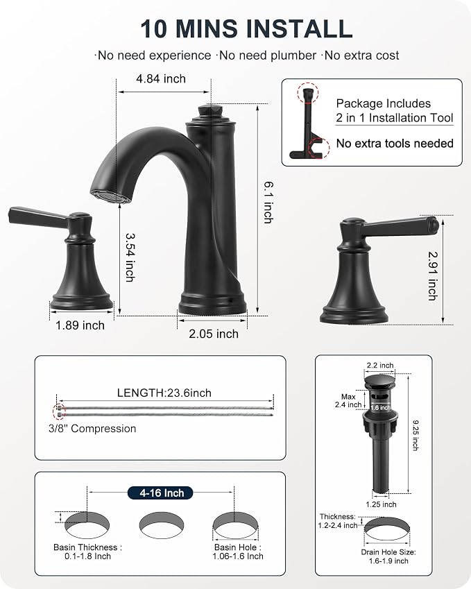 Bathroom Sink Faucet 3 Hole, Black Bathroom Faucet 8 Inch 2 Handles | Lead-Free Brass, Widespread Style, Pop-Up Drain, Pre-installed cUPC Water Hose, 10 Mins Install, For Lavatory Vanity Restroom