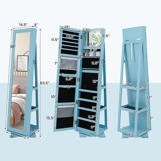 CHARMAID 360° Swivel Jewelry Armoire with Full Length Mirror, Standing Lockable Jewelry Cabinet Organizer, Large Storage Capacity, Inside Makeup Mirror, Back Storage Shelves (Sky Blue)