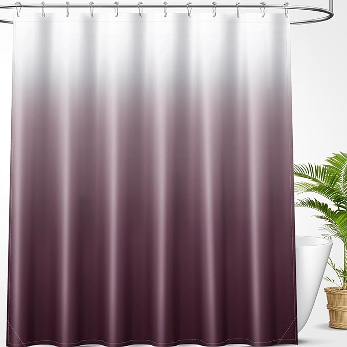 OLANLY Luxury Burgundy and White Ombre Shower Curtain Sets with 12 Hooks, Waterproof and Washable Decorative Shower Curtains for Bathroom, 72x72 Inches