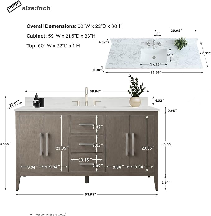 60 Inch Bathroom Vanity with Sink & Ceramic Top, Single Vanity Cabinet with Basin, Soft-Closing Doors & Matte Black Hardware, Driftwood Gray