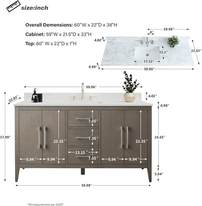 60 Inch Bathroom Vanity with Sink & Ceramic Top, Single Vanity Cabinet with Basin, Soft-Closing Doors & Matte Black Hardware, Driftwood Gray