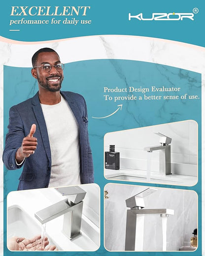 Single Hole Bathroom Faucet, 1-Handle Bathroom Sink Faucet with Pop-Up Drain, 304 Stainless Steel Brushed Nickel for Modern Bath/Vanity