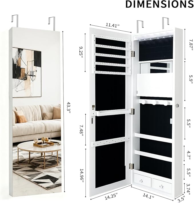 Lockable Jewelry Cabinet Organizer with Full Length Mirror, 6 Auto LED Lights, Wall & Over Door Mount Jewelry Armoire with Earring Slots, Necklace Hooks, Foldable Makeup Shelf