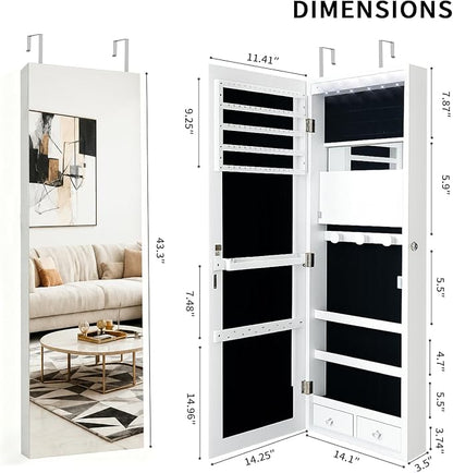 Lockable Jewelry Cabinet Organizer with Full Length Mirror, 6 Auto LED Lights, Wall & Over Door Mount Jewelry Armoire with Earring Slots, Necklace Hooks, Foldable Makeup Shelf