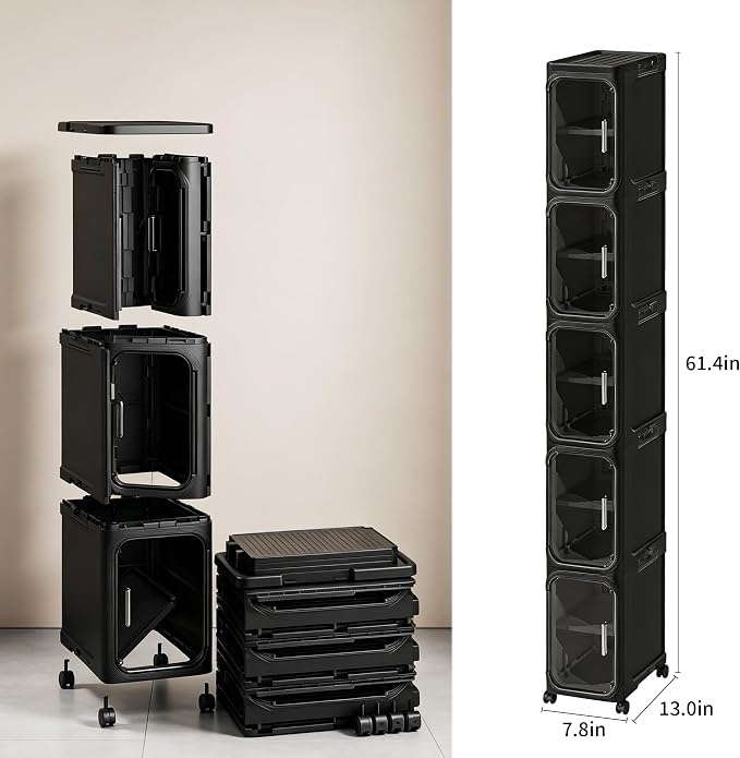 LXLXXL 5-Tier Narrow Storage Cabinet Slim Bathroom Tall Skinny Organizer | Movable Slim Storage Cabinet with Lockable Rolling Wheels Adjustable Detachable Shelves Snap Assembly for Small Spaces,Black