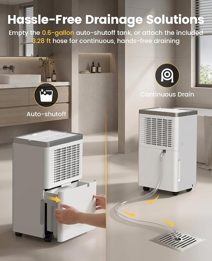34 Pints Dehumidifier for Basement, with Drain Hose, 38dB Quiet, 2500 Sq.Ft | Continuous Drain, Auto Defrost, 24H Timer, Child Lock, Smart Humidity Control for Home, Large Room, Bedroom, Bathroom
