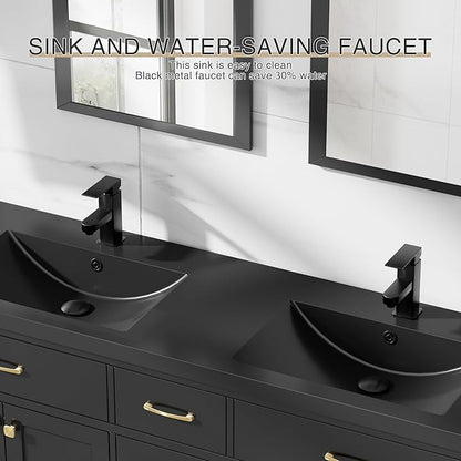 LUCKWIND 60" Bathroom Vanity and Sink Combo, Painted Modern Bathroom Storage Cabinet with Double Black Sink, Four Doors and Three Drawers, Include Faucet, Without Mirror, Black