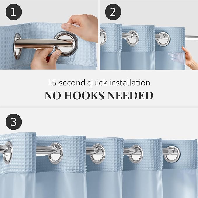 River Dream Cotton Blend Shower Curtain Set with Liner, Misty Blue, 54x80 | Waffle Weave, No Hook Needed, with Snap in Replacement Liner, Top Sheer Window, Hotel Quality Fabric for Bathroom