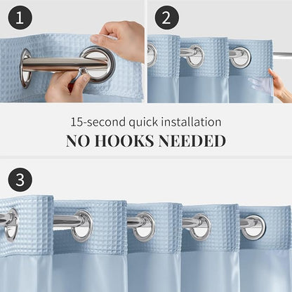 River Dream Cotton Blend Shower Curtain Set with Liner, Misty Blue, 54x80 | Waffle Weave, No Hook Needed, with Snap in Replacement Liner, Top Sheer Window, Hotel Quality Fabric for Bathroom