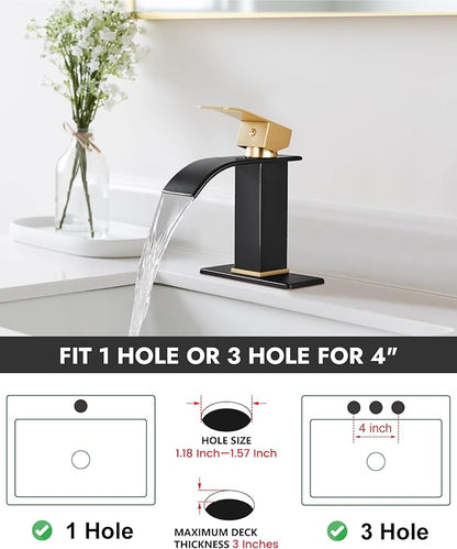 Midanya Bathroom Faucet with Waterfall Spout, Single Hole or 3-Hole Deck Mount, 304 Stainless Steel Sink Faucet with Pop-Up Drain, RV Vanity Compatible,Brushed Gold Handle/Matte Black