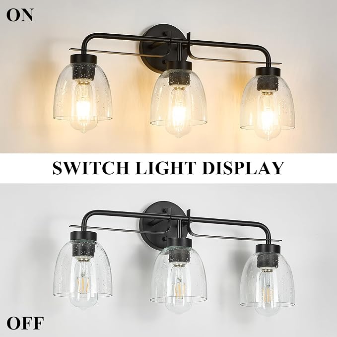 3-Light Farmhouse Bathroom Vanity Light Fixtures, Modern Industrial Black Vanity Lights for Bathroom Light Fixtures with Vintage Bubble Glass Shade Wall Sconce for Mirror, Bedroom, Hallway