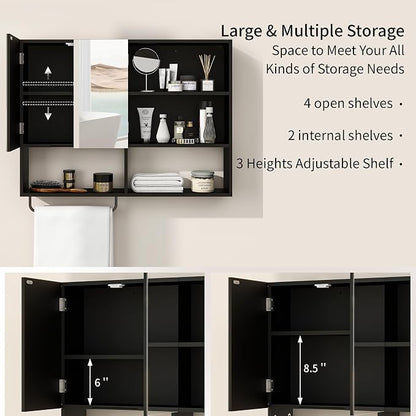 Bathroom Wall Cabinet, Medicine Cabinet, with Mirror & Towel Bar, Black