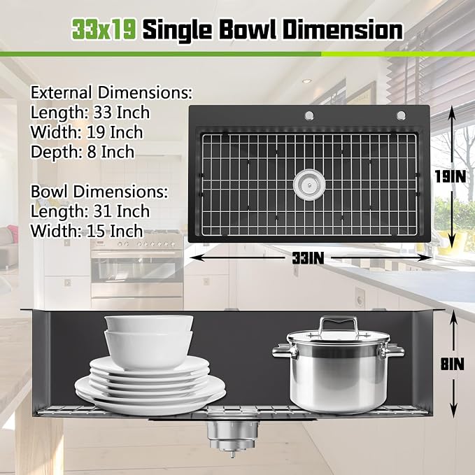 Black 33x19In Drop In Kitchen Sink, Stainless Steel, Single Bowl | Modern Topmount Kitchen Sink Combo, Include SS Grid,Silicon Mat,Drain Strainer Set, Compatibility With Various Kitchen