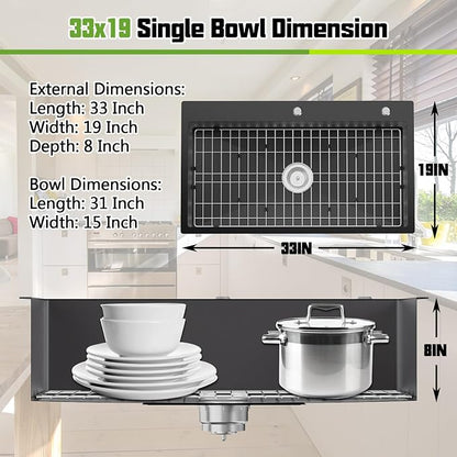 Black 33x19In Drop In Kitchen Sink, Stainless Steel, Single Bowl | Modern Topmount Kitchen Sink Combo, Include SS Grid,Silicon Mat,Drain Strainer Set, Compatibility With Various Kitchen