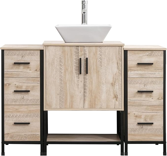 UEV 48" Bathroom Vanity,Oak Color Bathroom Vanity Set with Sink and 3 Drawers Side Cabinet Combo,with Adjustable Water Temperature Faucet (A07)