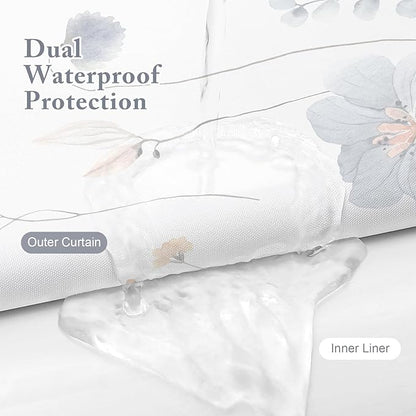 3 in 1 Blue Watercolor Floral Shower Curtain Liner Set, 72x72 | Narrow 3 in 1 Shower Curtain Set, PEVA Liner Set & 12 Double Sided Steel Hooks, Waterproof Fabric Bathroom Curtain