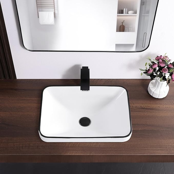 Bathroom Vessel Sink 20.6'' x 14.7'' Semi Recessed Bathroom Sink Rectangular Drop-in Vanity Sink with Overflow White with Black Rim Ceramic Modern Art Basin