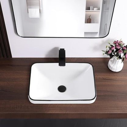Bathroom Vessel Sink 20.6'' x 14.7'' Semi Recessed Bathroom Sink Rectangular Drop-in Vanity Sink with Overflow White with Black Rim Ceramic Modern Art Basin