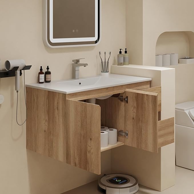 Floating Bathroom Vanity Without Sink Wall Mounted Cabinet with 2 Soft-Close Drawers and Doors, Moisture-Resistant MDF,Large Storage for Small Space (36")