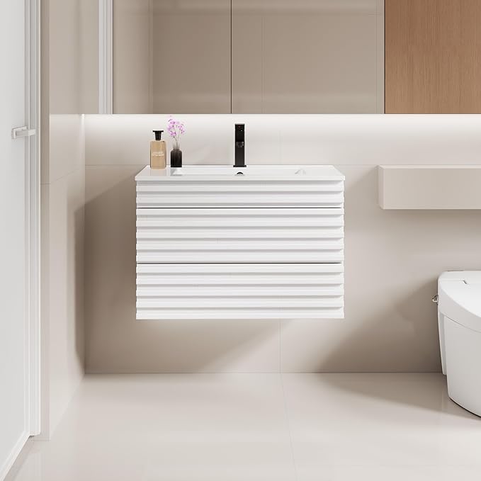 LUCKWIND 30" Floating Bathroom Vanity with Sink, Mid-Century Wall Mounted Big Drawer Cabinet with Large Sink, Water Saving Faucet and Wood Stripes Style, White