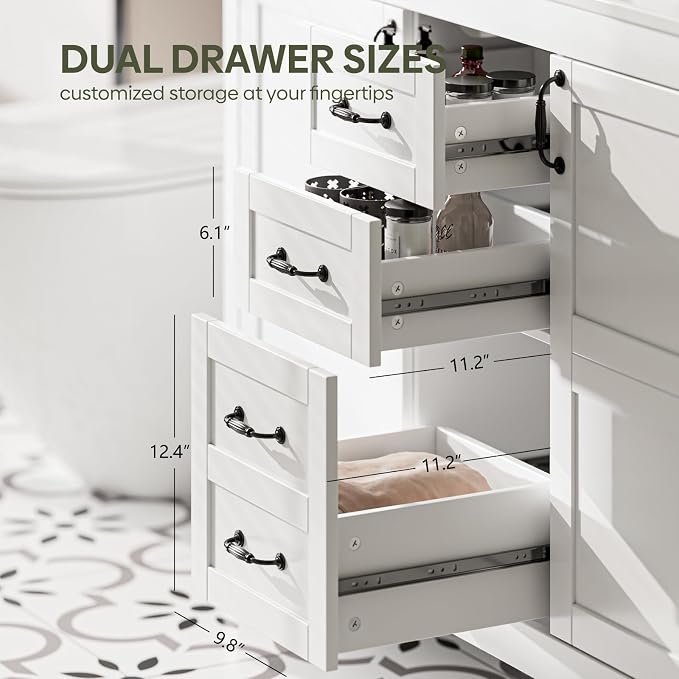 48" Bathroom Vanity with Sink Combo, Freestanding Farmhouse Thickened Wood Bathroom Storage Cabinet with Undermount Double Sink, 3 Drawers & 2 Soft-Close Doors with Organizers, White