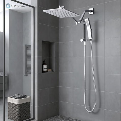 G-Promise All Metal Shower Diverter with Low Handheld Holder (Chrome) | 10 Inch Downward-Extend Bracket for All Heights, 4 Spray Modes with Pause, Anti-Leak, Easy Install, Universal Replacement