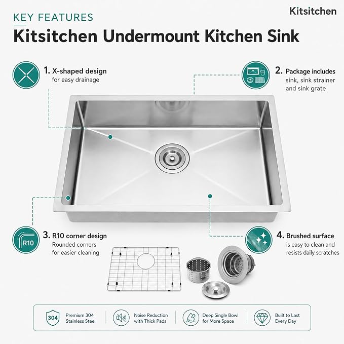 Kitsitchen RV Kitchen Sink,16 Gauge T304 Stainless Steel Undermount Kitchen Sinks, 23" x 16" x 7" Single Bowl Drop In Kitchen Sinks with Accessories,7 inch Deep for Outdoor Camper RV Sink