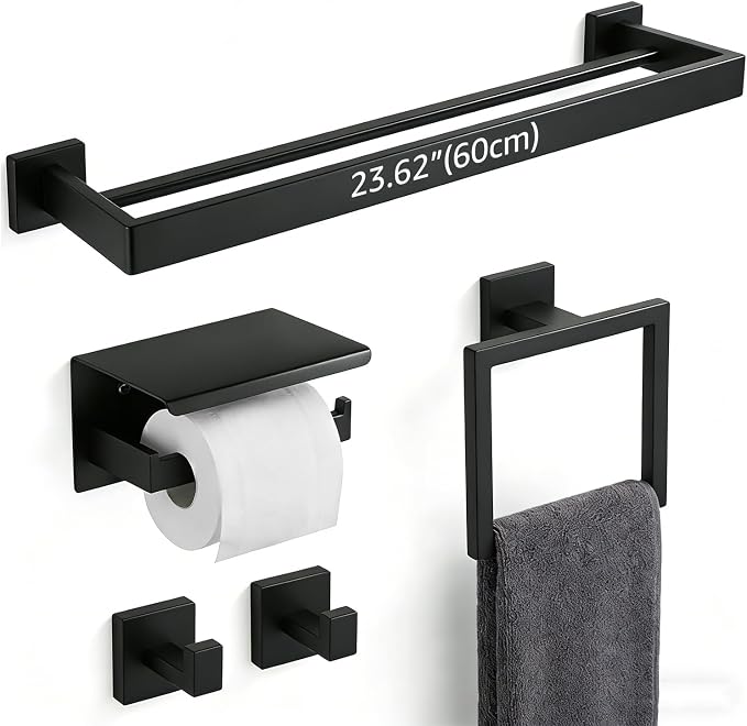 5-Piece Bathroom Hardware Set with 23.6" Double Towel Bar and Toilet Paper Holder Shelf, Wall Mounted Bathroom Accessories, Heavy Duty Stainless Steel Solid Metal, Modern Square Design, Matte Black